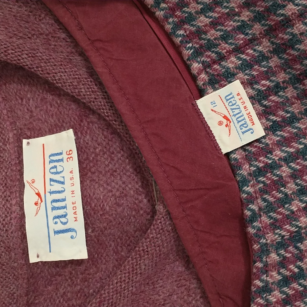 Jantzen Vintage Wool Set Cardigan Sweater Plaid Check Skirt Plum 60s Classic - Picture 2 of 8